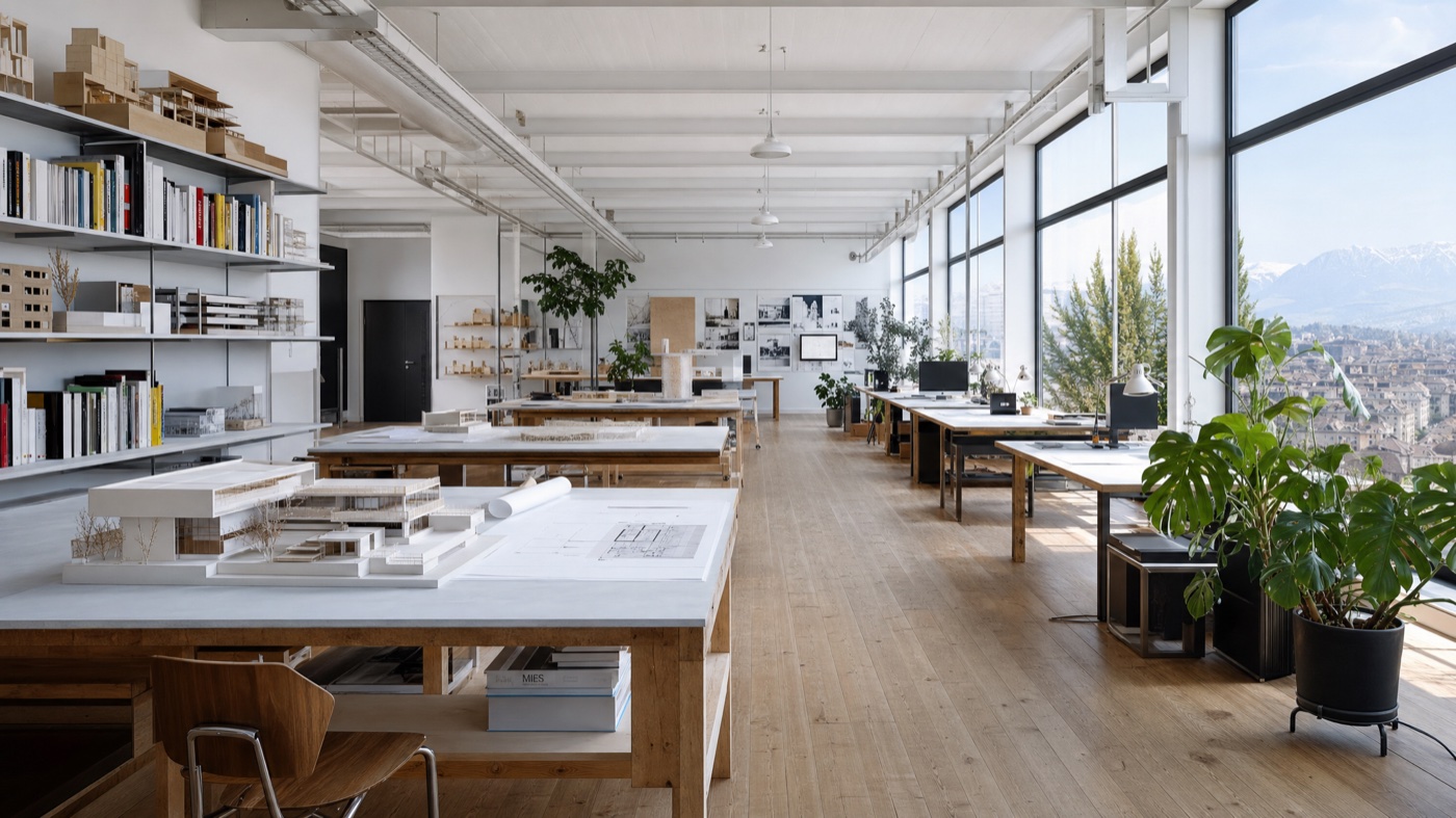 Intérieur du studio Atelier Verrière à Lausanne, ateliers et maquettes