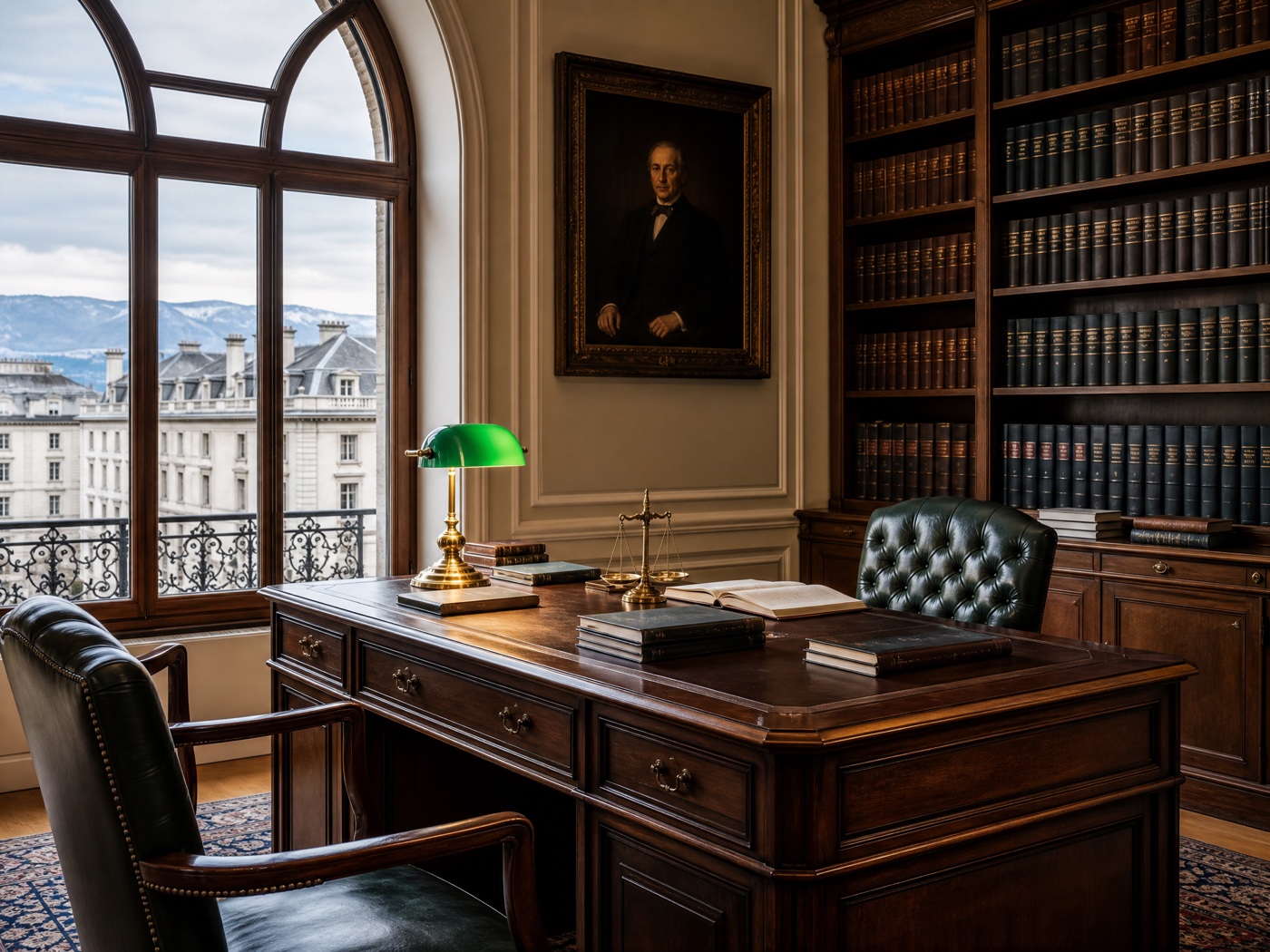 Bureau classique Cabinet Vauclair à Genève · lampe de banquier verte