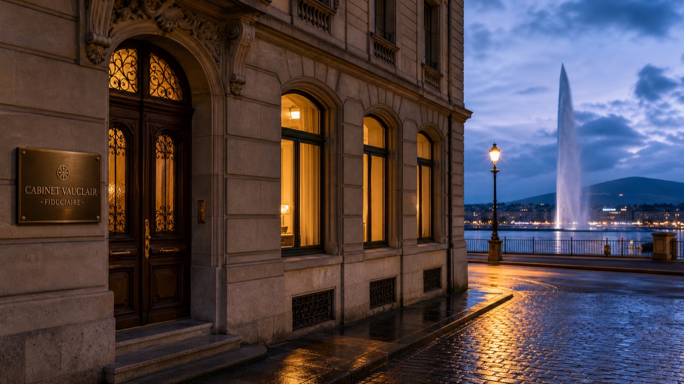 Cabinet Vauclair · entrée historique à Genève, Jet d'eau visible